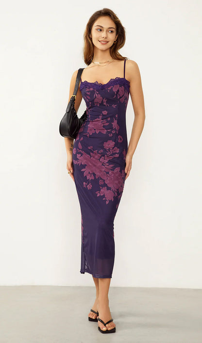 Tied Lace Trim Floral Mesh Midi Dress