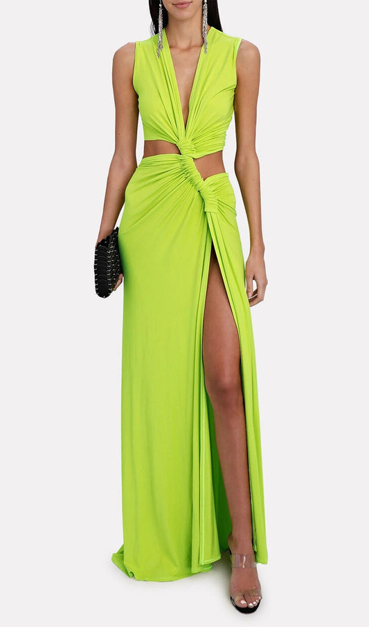 One-Shoulder Cut-Out Maxi Dress-Green