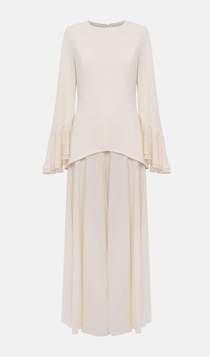 Asymmetrical Draped Bodice Ruffle Maxi Dress