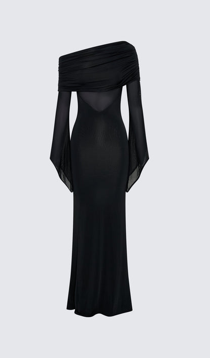 One Shoulder Slinky Ruched Maxi Dress-Blue