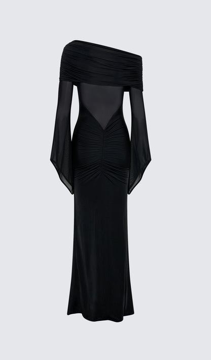 One Shoulder Slinky Ruched Maxi Dress-Blue
