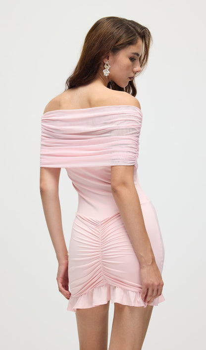 Slinky And Mesh Off Shoulder Mini Dress In Pale Pink