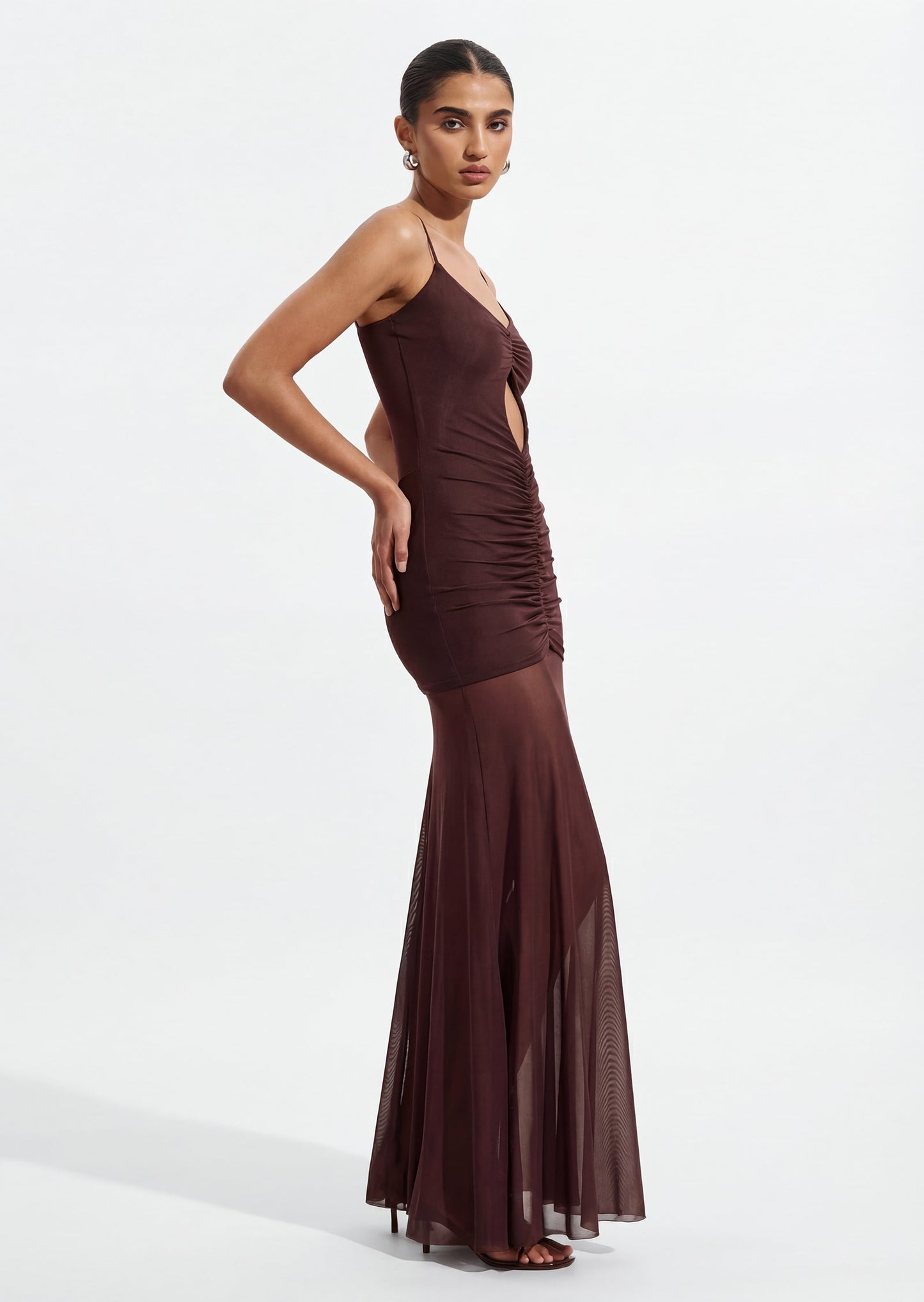 Slinky And Mesh Maxi Dress In Chocolate