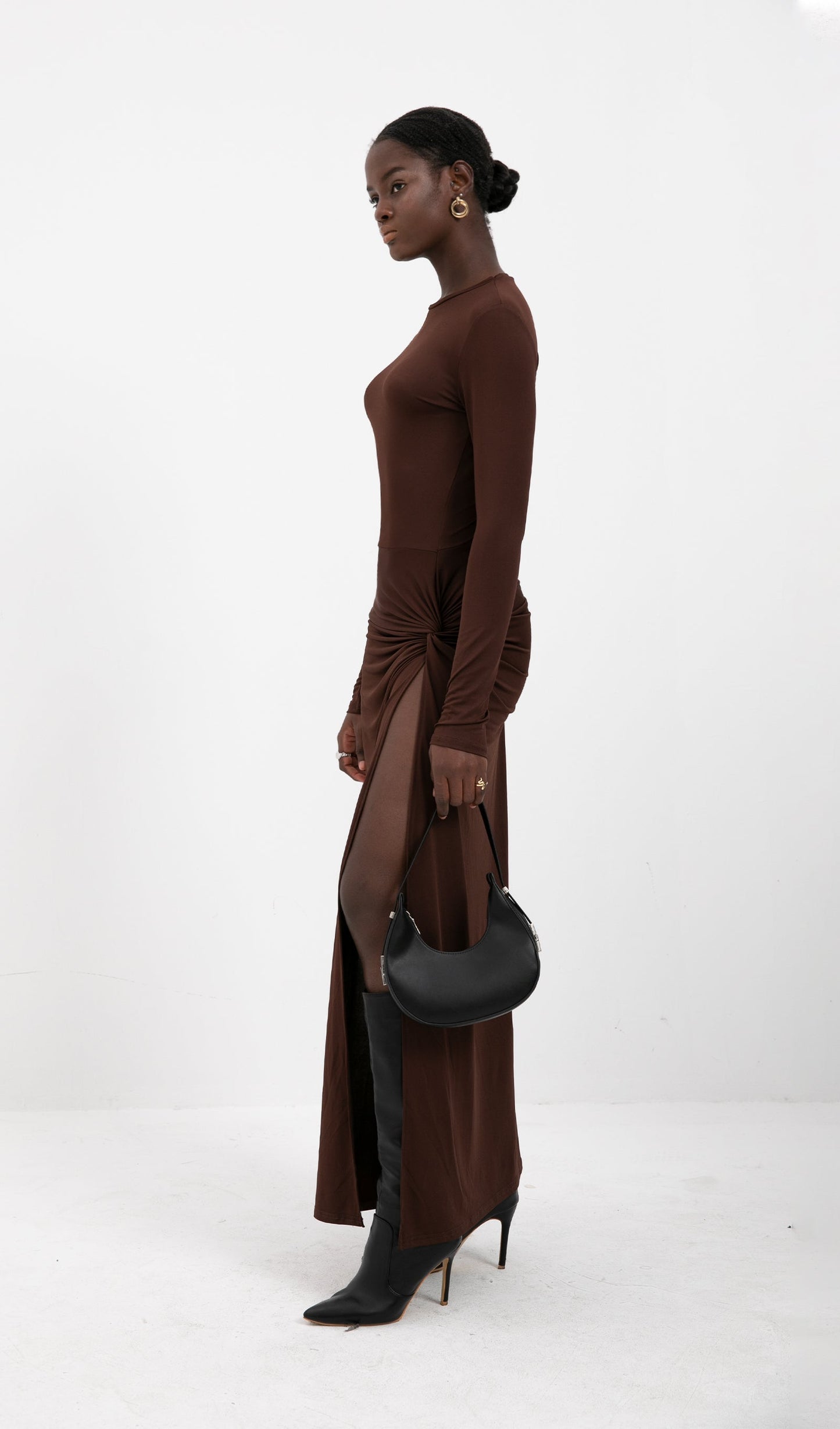 Trendy Draped Jersey Slit Maxi Dress-Brown