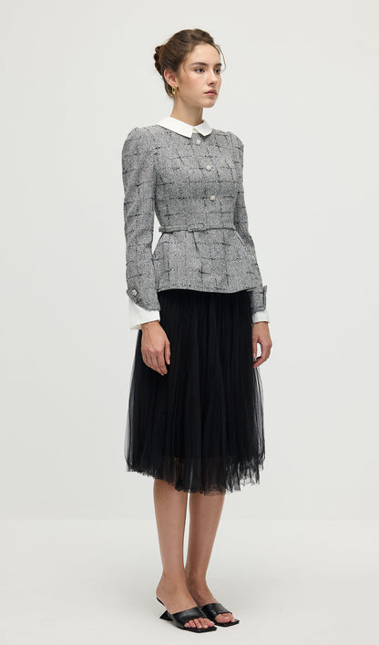 Peplum Tweed Top & Mesh Midi Skirt Set
