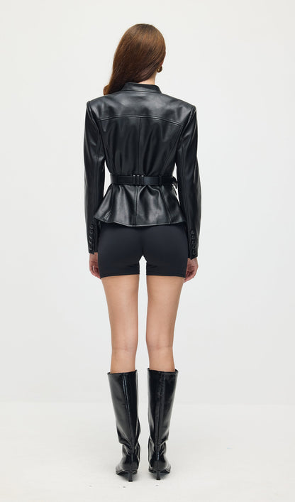 Button Belted Leather Jacket In Black