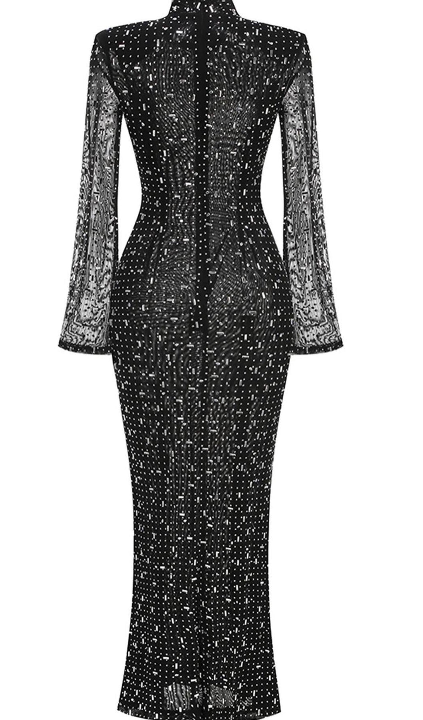 Rhinestone-Embellished Mesh Midi Dress