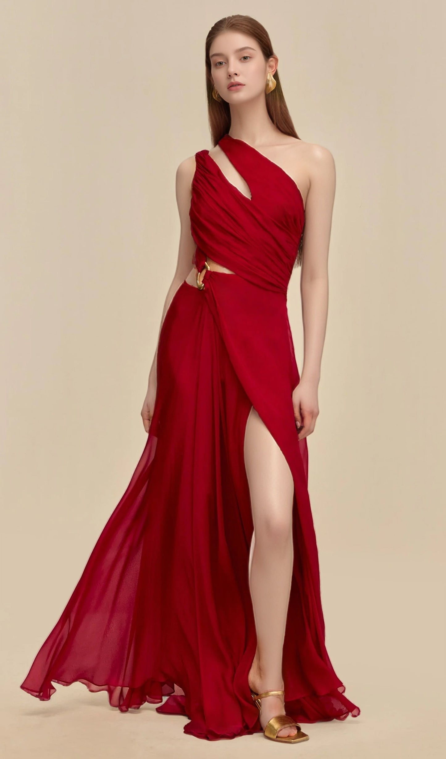 Draped One Shoulder Silk Gown In Red