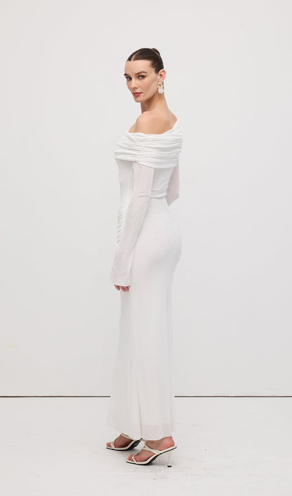 Single Jersey Knit  Draped Maxi Dress White