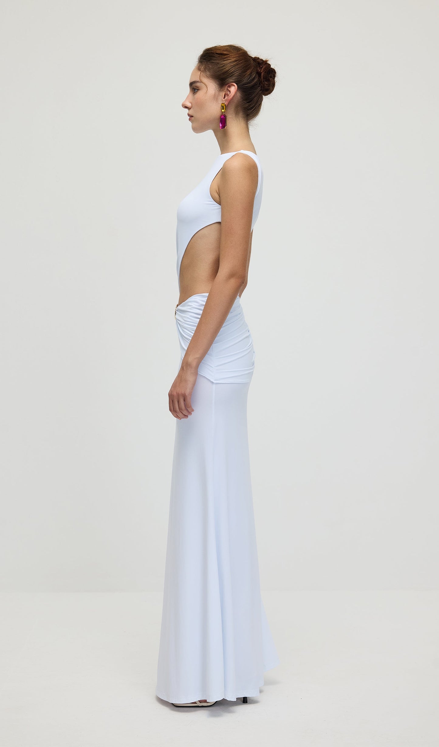 Draping And Shell Decorations Maxi Dress In White