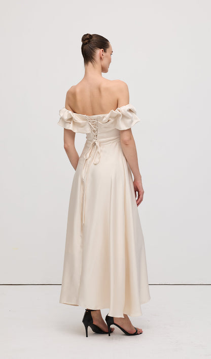 Off Shoulder Ruffle Satin Midi Dress