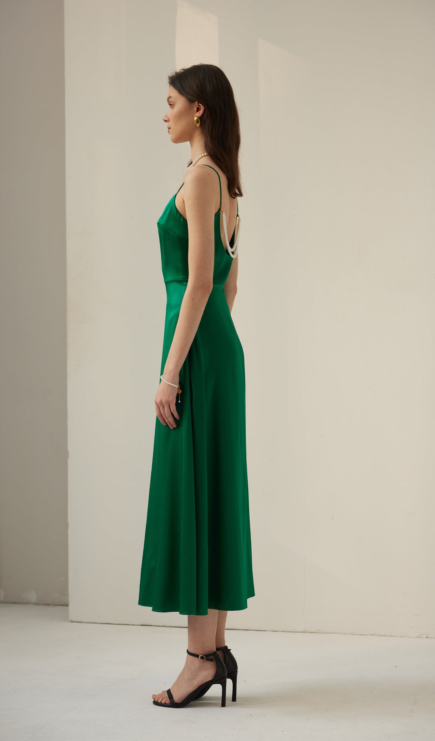 Silk Pearl Midi Dress-Green