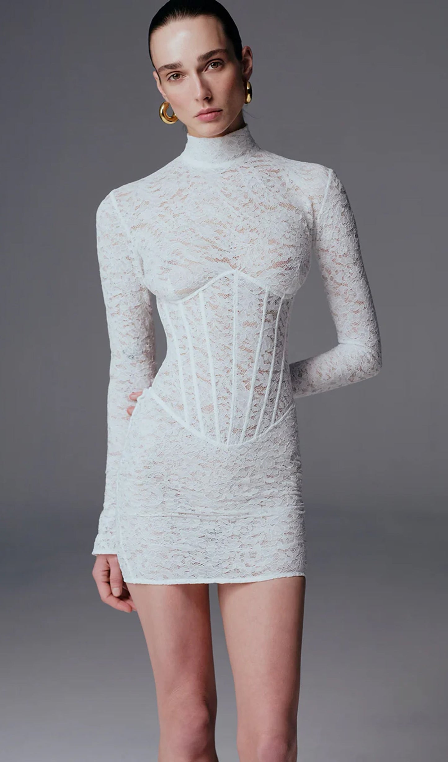 Mockneck Lace Mini Dress In White