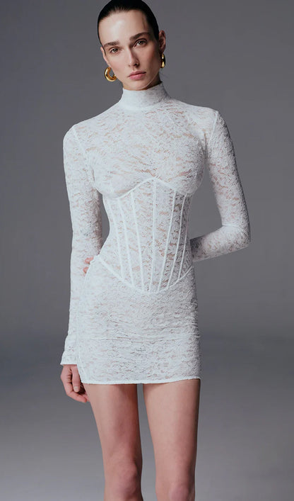 Mockneck Lace Mini Dress In White