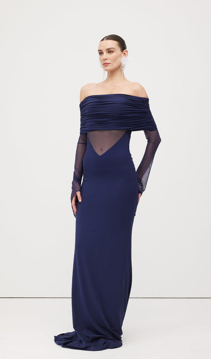 One Shoulder Slinky Ruched Maxi Dress-Blue