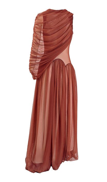 Cascade Draped Tulle-Blend Maxi Dress