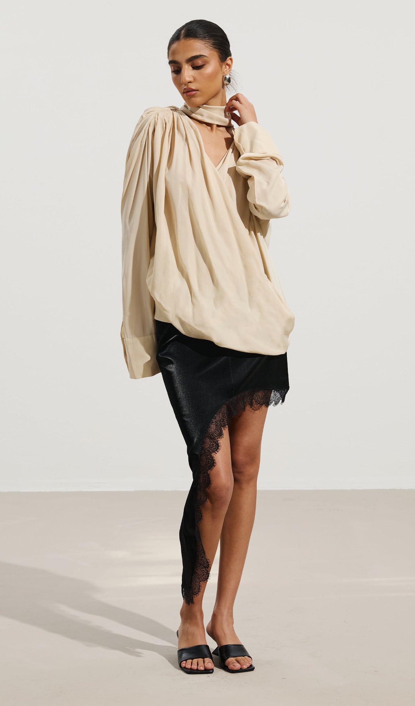 Pleated V-Neck Top & Asymmetrical Lace Skirt Set