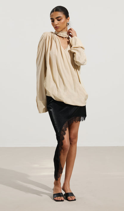 Pleated V-Neck Top & Asymmetrical Lace Skirt Set