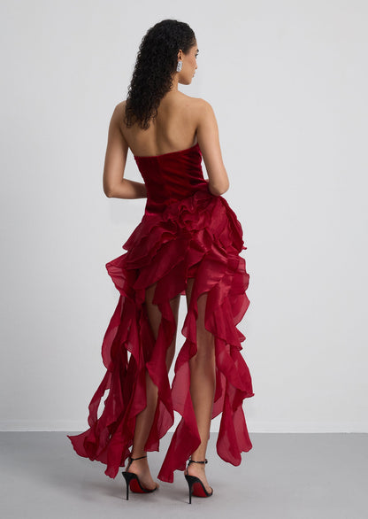 Strapless Ruffled Velvet Maxi Dress In Red