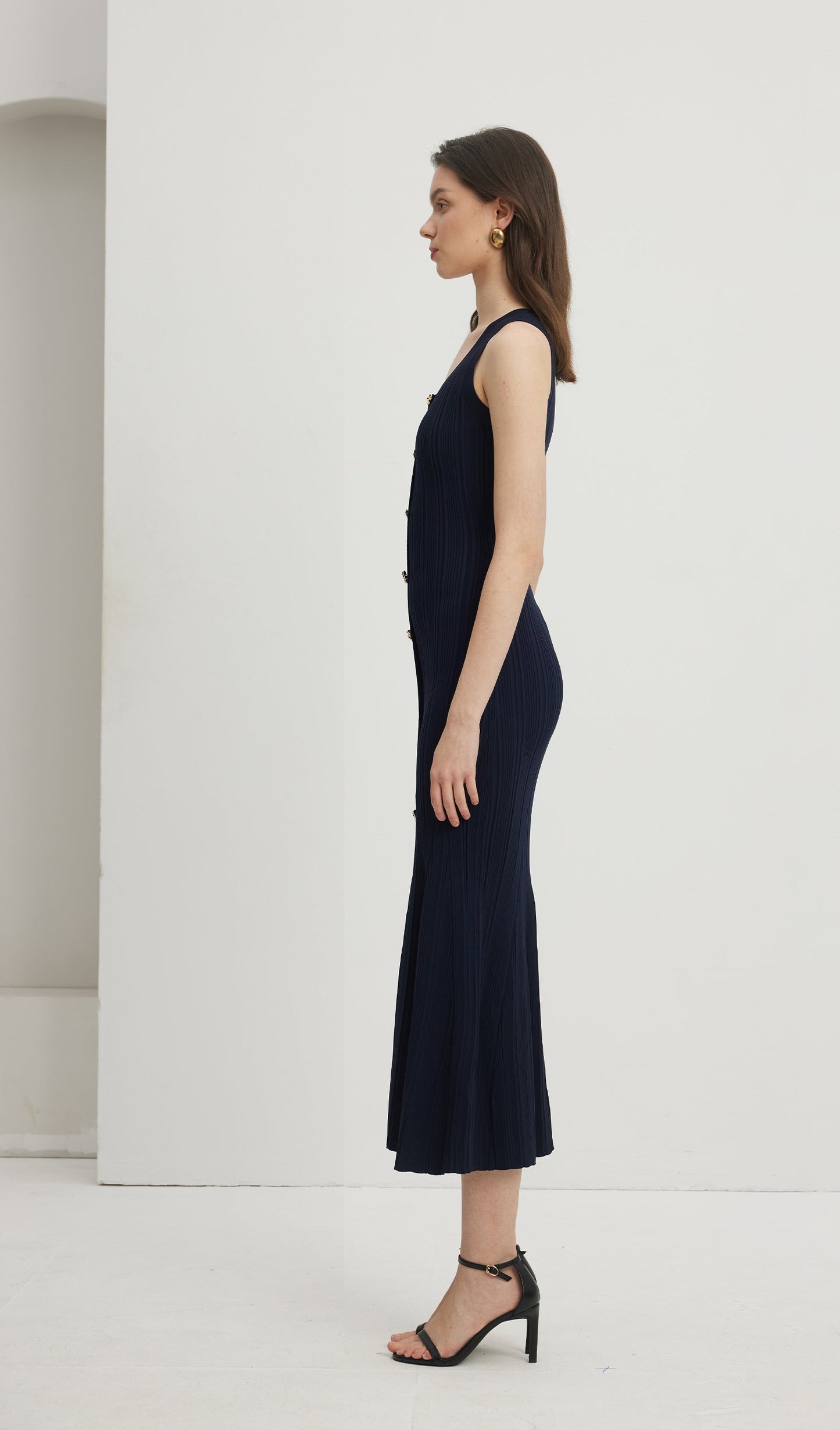 Metallic Button Knit Midi Dress