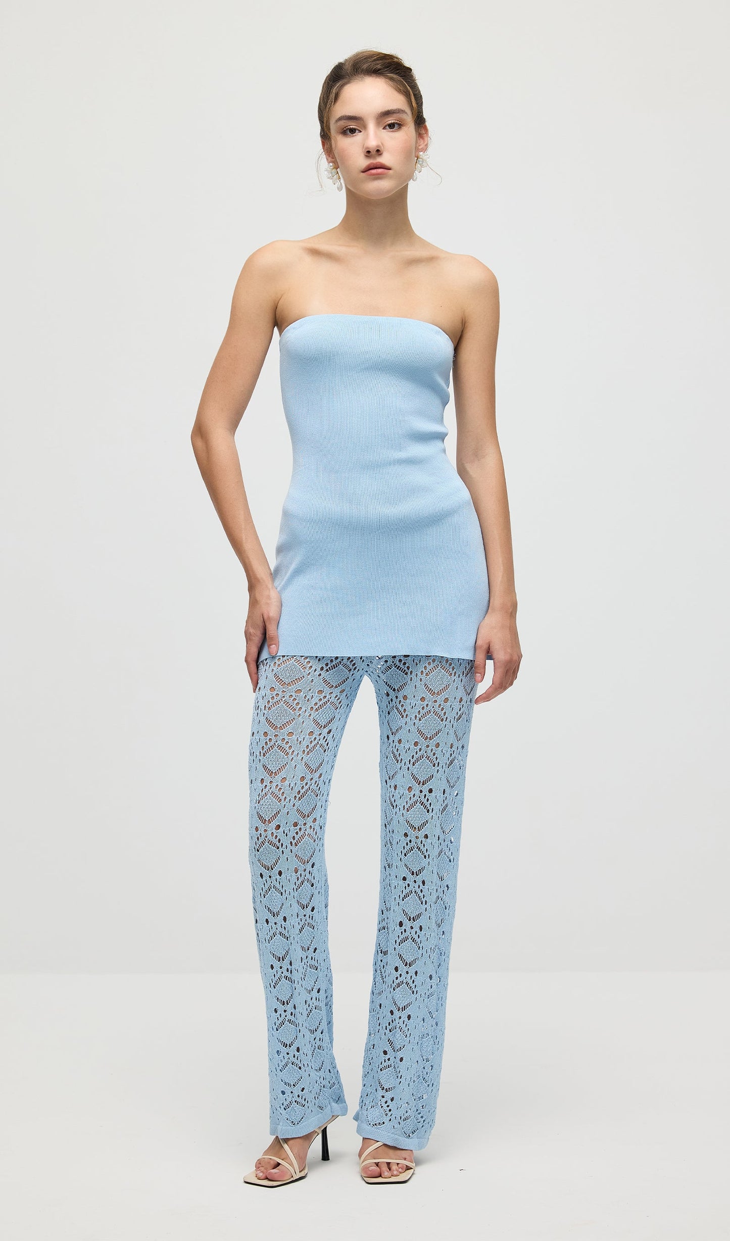 Bandage Knit Top & Crochet Knit Pants In Blue