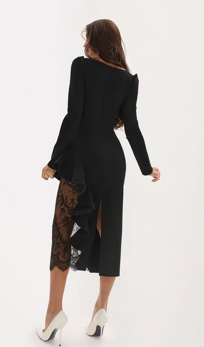 Midi Dress With Ruffle And Lace Insert