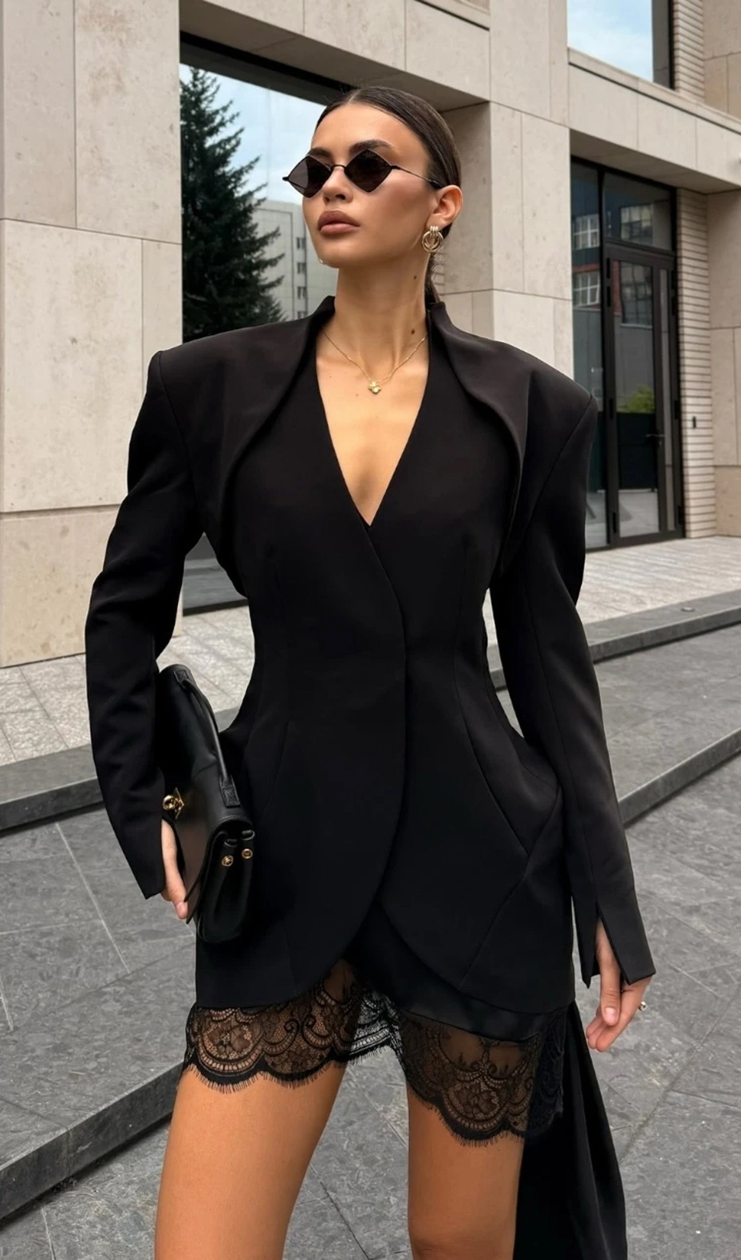 Short V-neck Suit & Sleeveless Dress Set Black