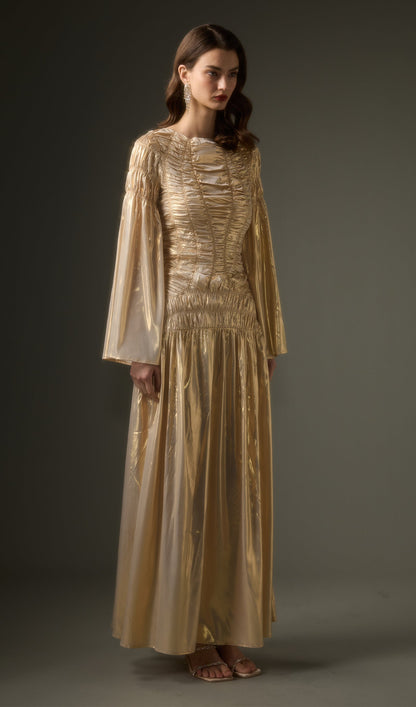 Solid Metallic Elasticated Gathers Maxi Dress