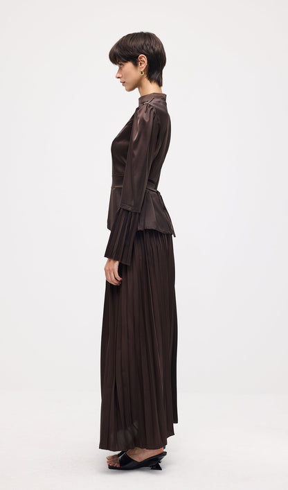 Solid Pleated Peplum Two Piece Set Maxi Skirt