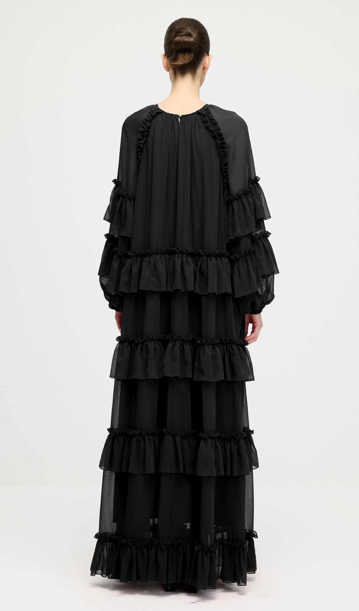 Ruffle Tiered Puff Sleeve Maxi Dress In Black