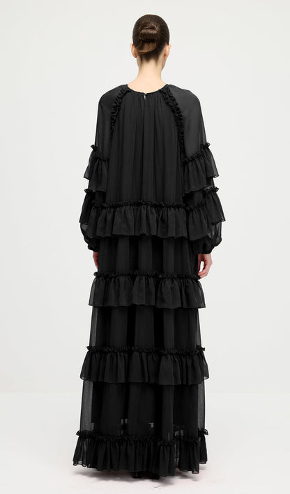 Ruffle Tiered Puff Sleeve Maxi Dress In Black