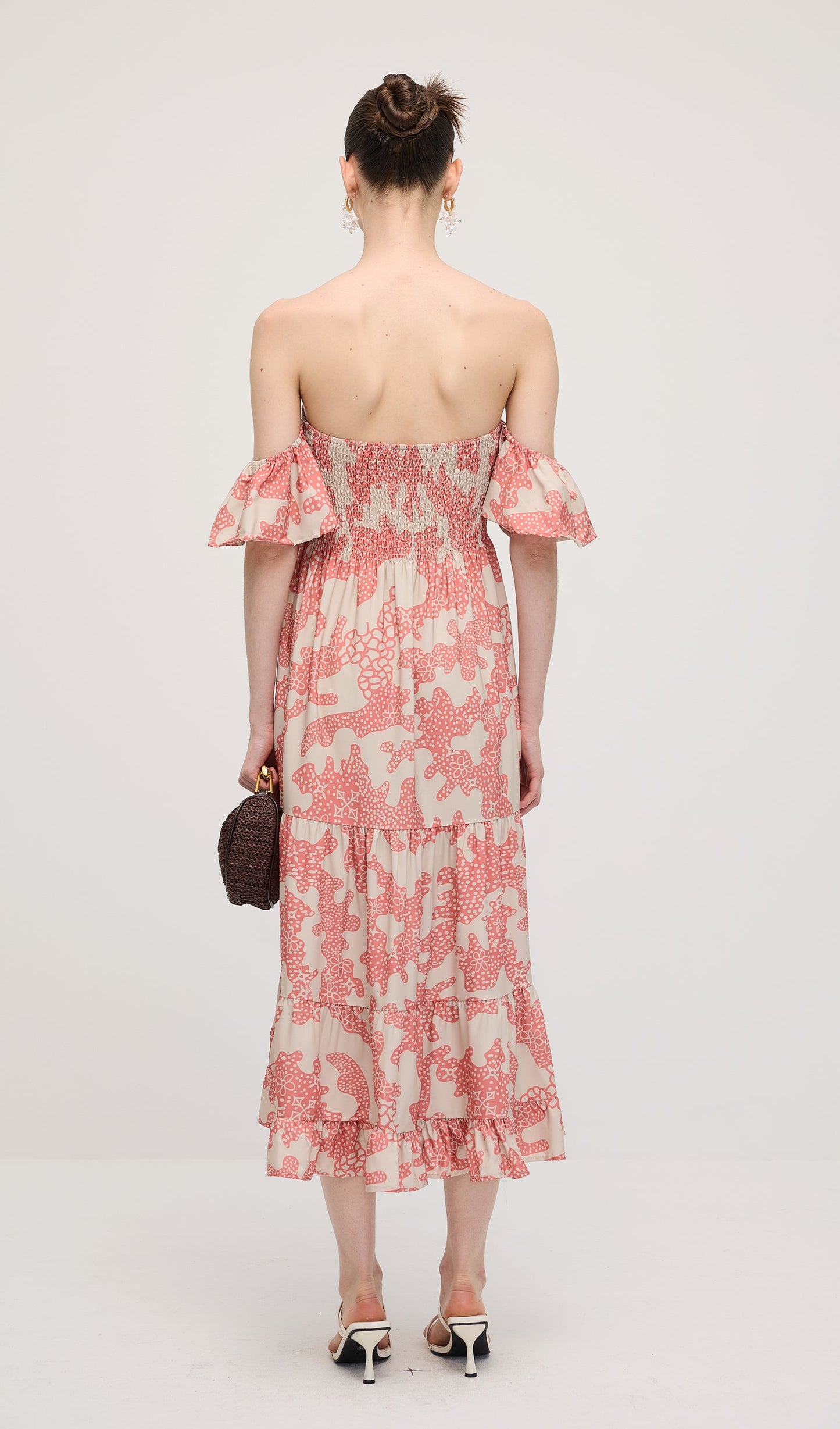 Off Shoulder Smocked Ruffle Printed Midi Dress