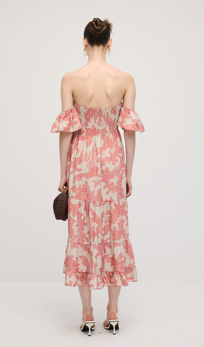 Off Shoulder Smocked Ruffle Printed Midi Dress