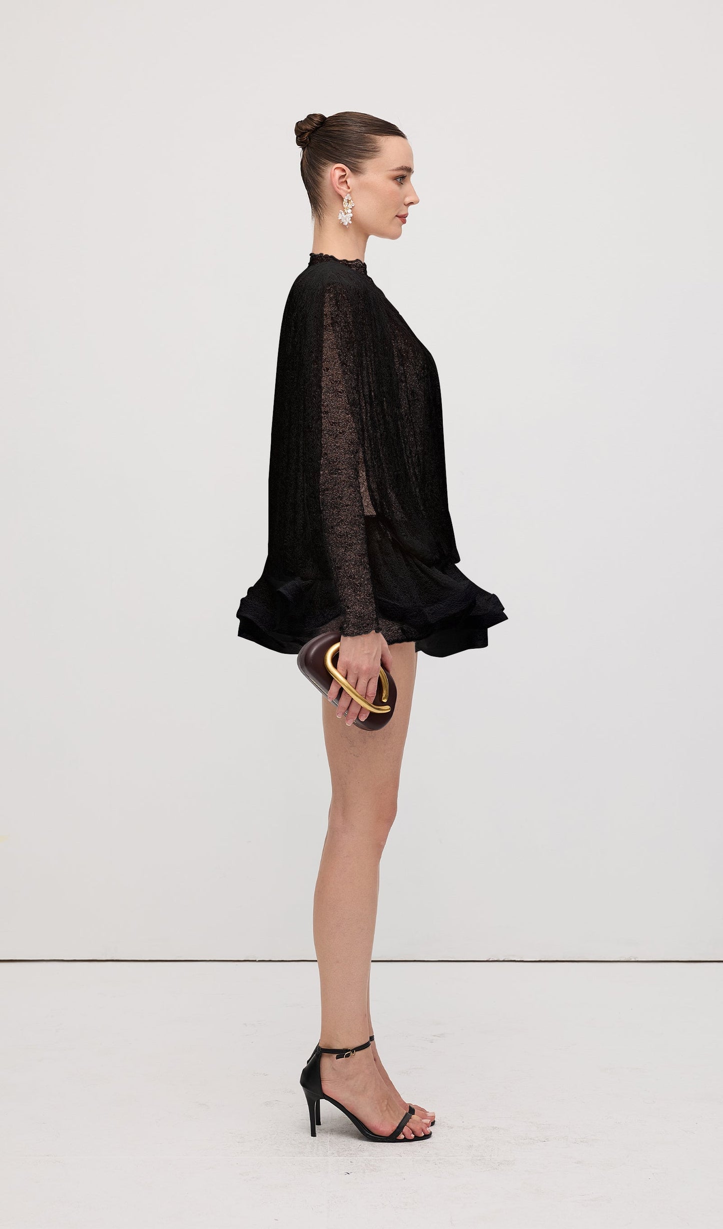 Lace Semi Sheer Ruffled Mini Dress In Black
