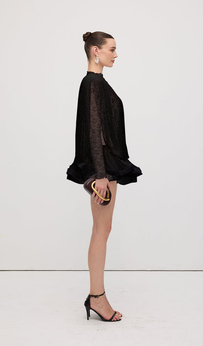 Lace Semi Sheer Ruffled Mini Dress In Black