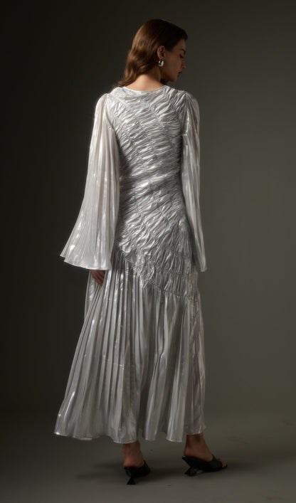 Metallic Long Sleeve Maxi Dress In Silver