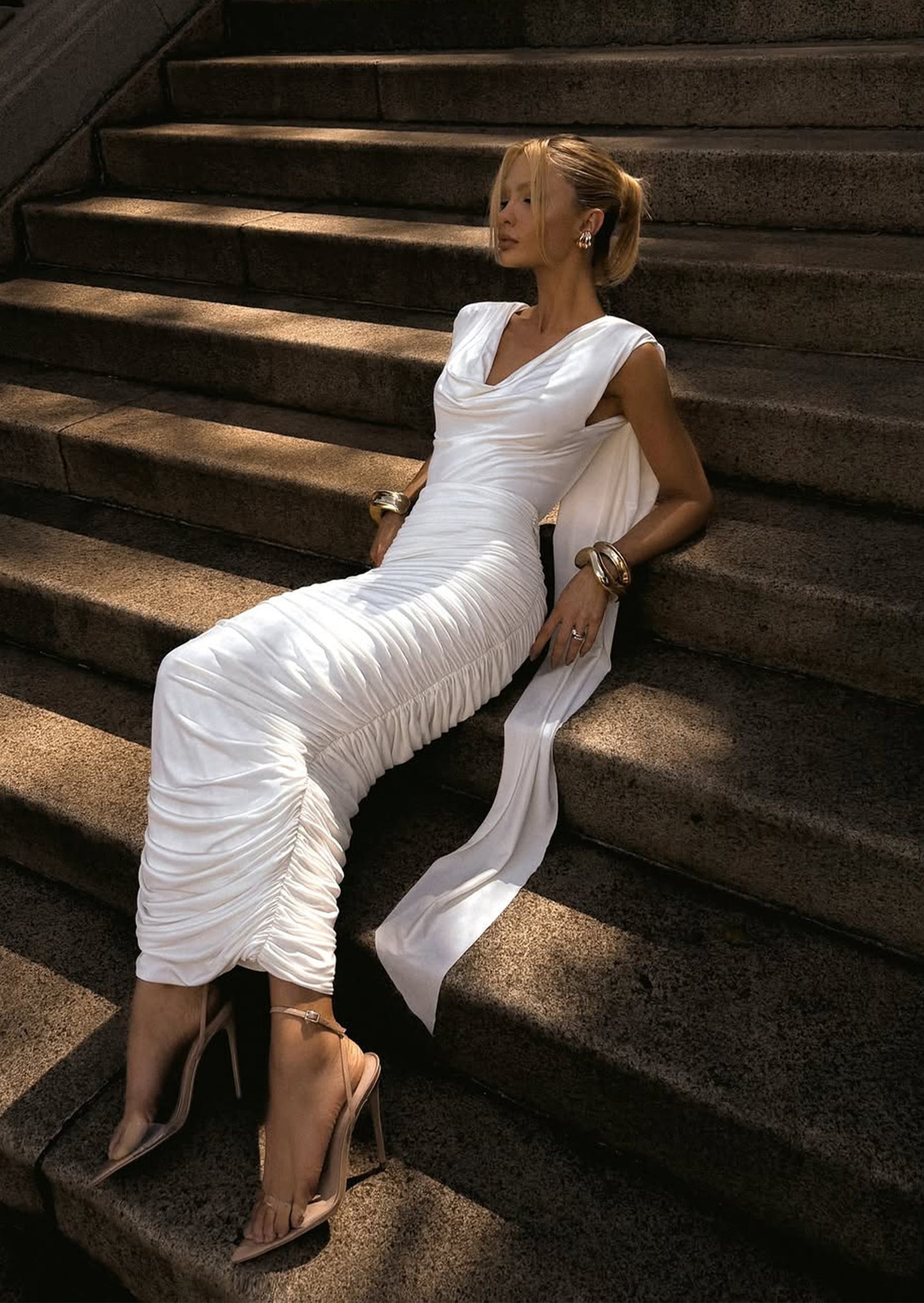 Sleeveless Draped Midi Dress With Cowl