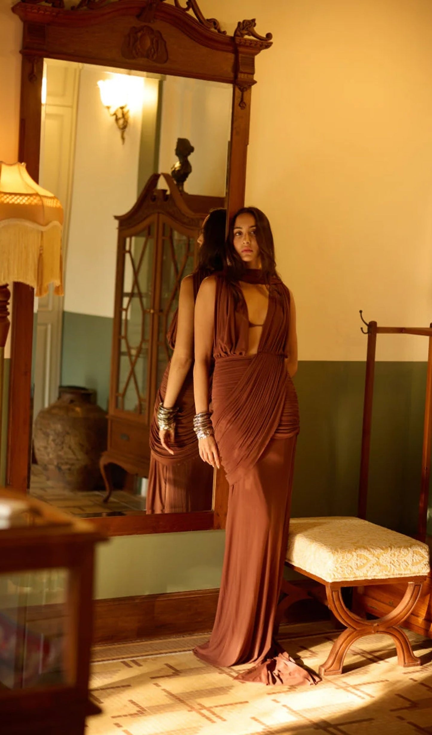 Layali Rose Deep V Neck Pleated Maxi Dress