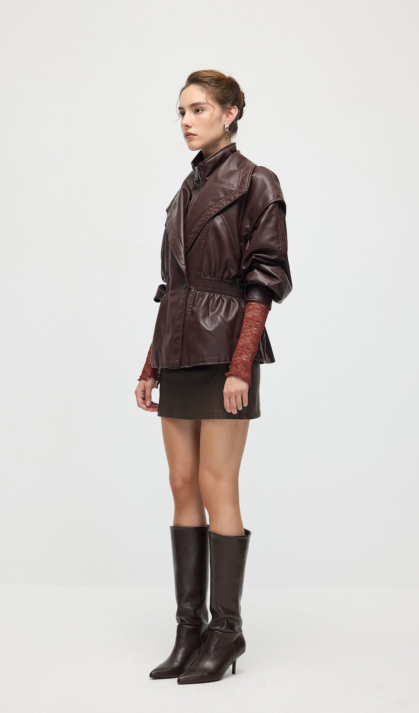 Waisted Lapel Leather Jacket In Brown