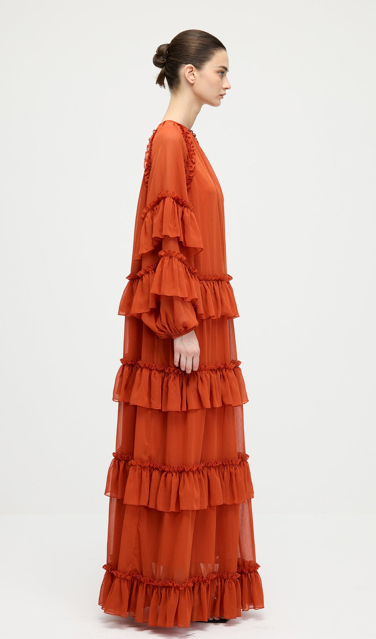 Ruffle Tiered Puff Sleeve Maxi Dress In Orange