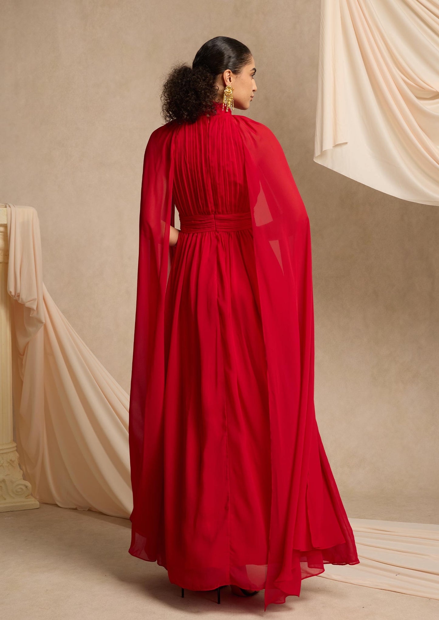 Layali Rose Cape Effect Gathered Chiffon Gown