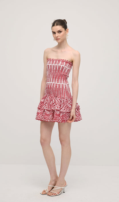 Embroidered Eyelet Cotton Mini Dress In Red