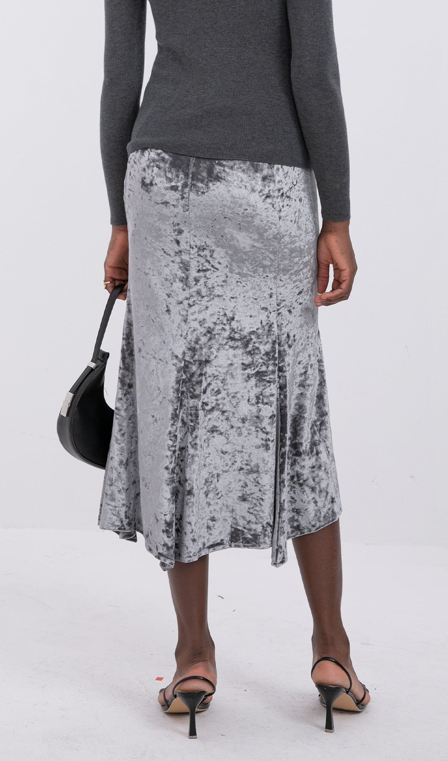 Trendy High Waist Velvet Midi Skirt-Silver