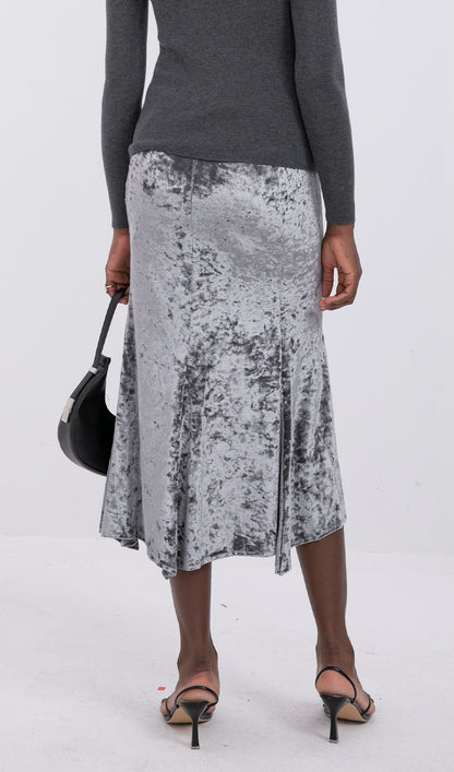 Trendy High Waist Velvet Midi Skirt-Silver