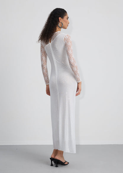 Rhinestone Lace Sleeves Maxi Dress In White
