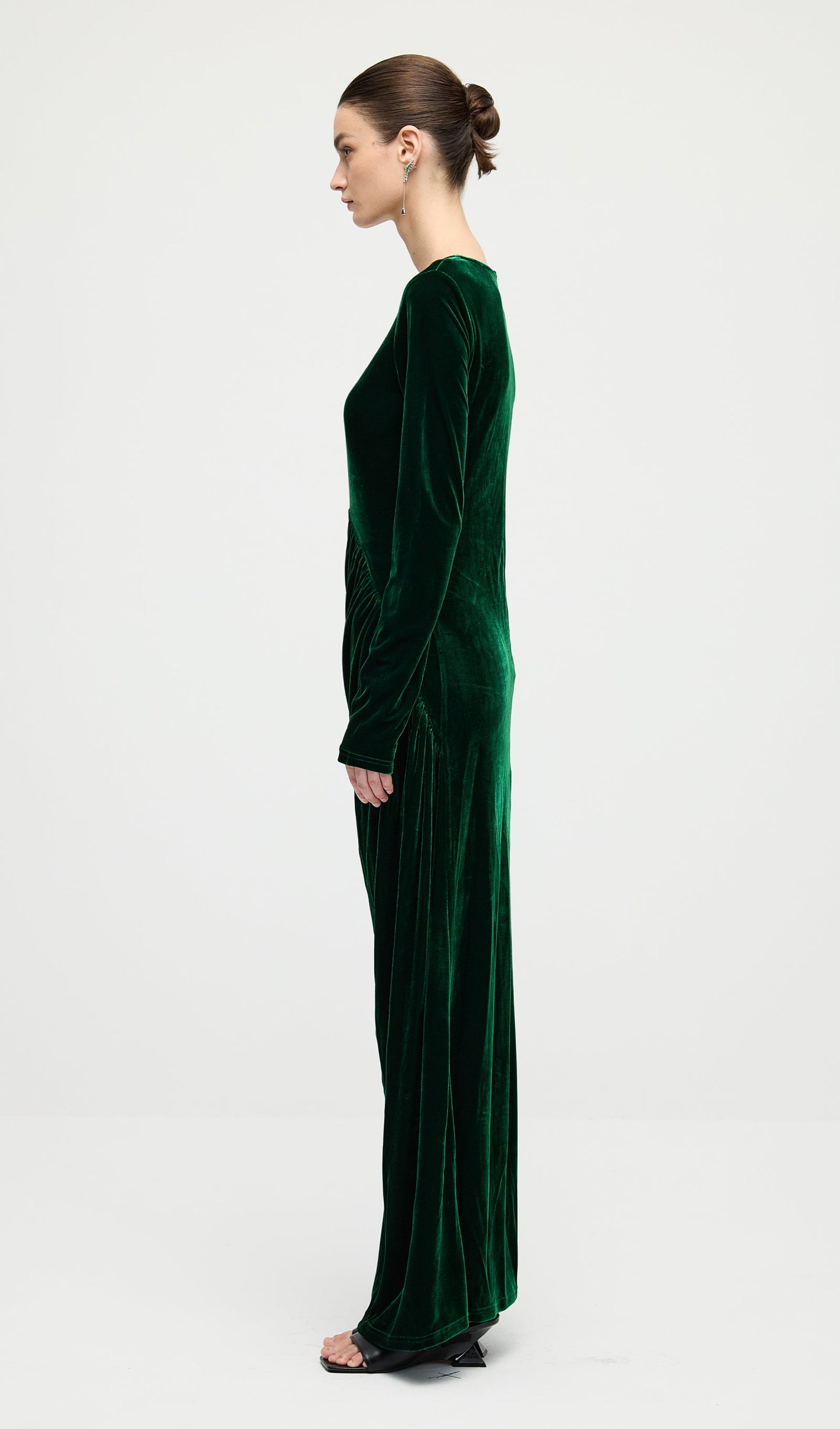 Long Sleeved Gathers  Maxi Dress In Dark Green