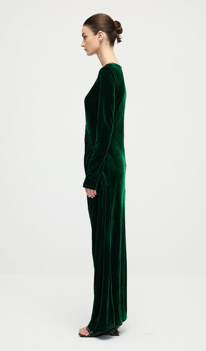Long Sleeved Gathers  Maxi Dress In Dark Green