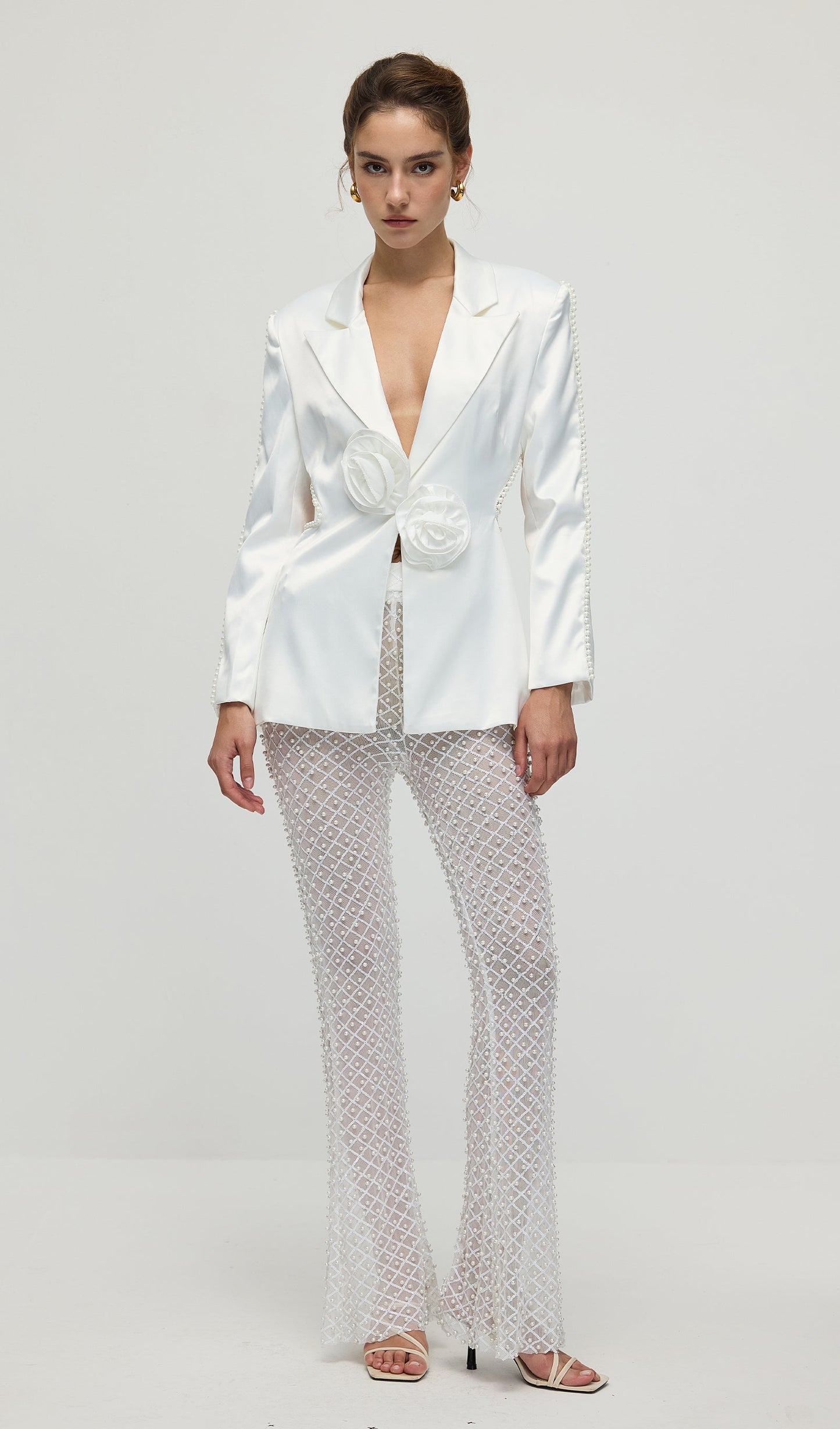 Faux-Pearl Floral Blazer & Trousers Set