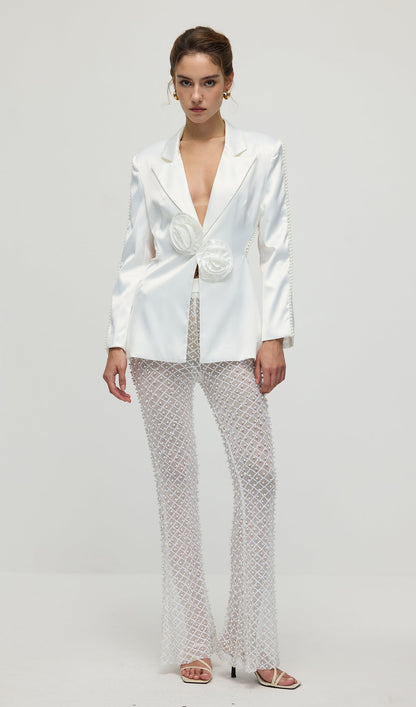 Faux-Pearl Floral Blazer & Trousers Set