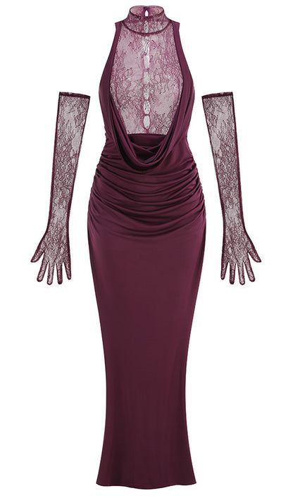 Lace Bodice Ruched Maxi Dress In Magenta